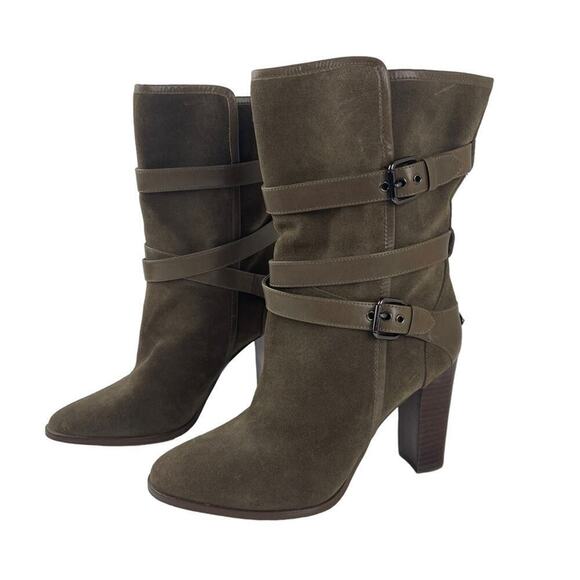 Coach Alexandra Fatigue Green Suede Midcalf Buckle Heel Bootie Boots Size 8 - Picture 8 of 16